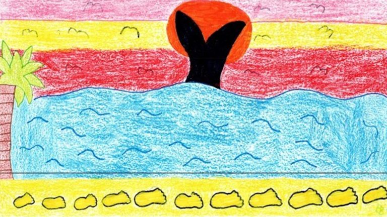Colourful crayon drawing of a whale’s tail at sunset, splashing in the ocean with a red and yellow sky, palm tree on the left, and footprints in the sand along the bottom.
