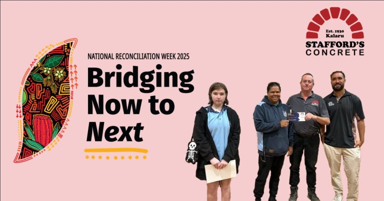 Lilah Mortimer stands with representatives from Stafford’s Concrete and the Bega Local Aboriginal Land Council, holding a certificate during National Reconciliation Week 2025. The background features the theme "Bridging Now to Next" alongside Indigenous artwork.